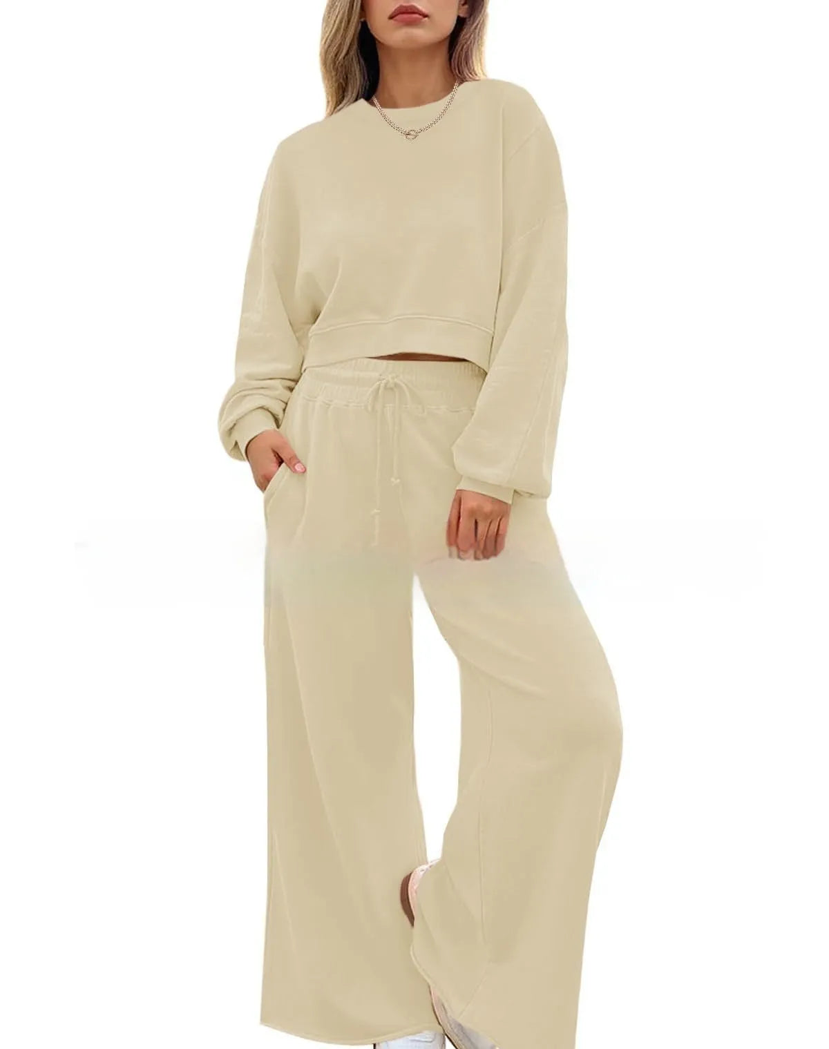 Women's solid colour polyester long sleeve top and trouser two-piece set in street hipster style.