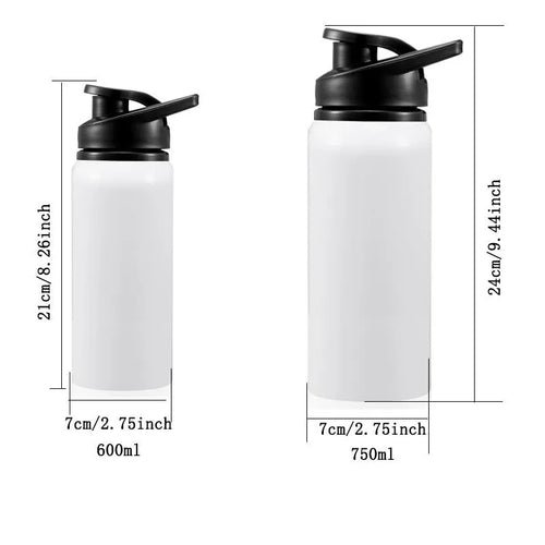 White aluminium sports water bottle for cycling, shown in 600ml and 750ml size options.