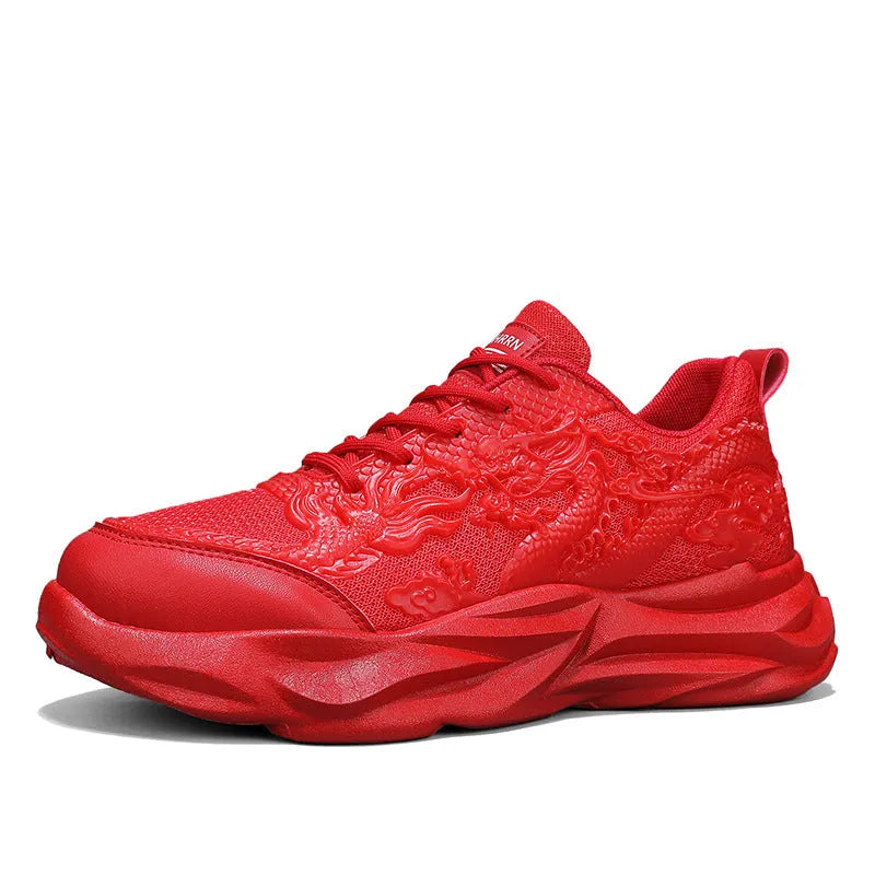 Chinese Loong casual sneakers with dragon print design on a breathable fly knit upper and rubber sole.