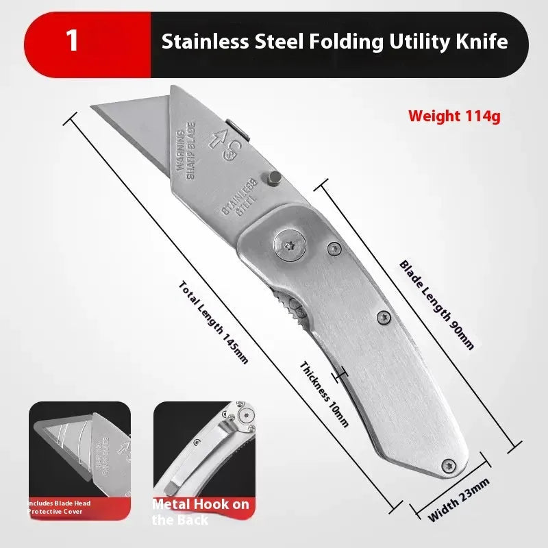 Stainless steel folding art knife with black blade and a pack of long and trapezoidal blades