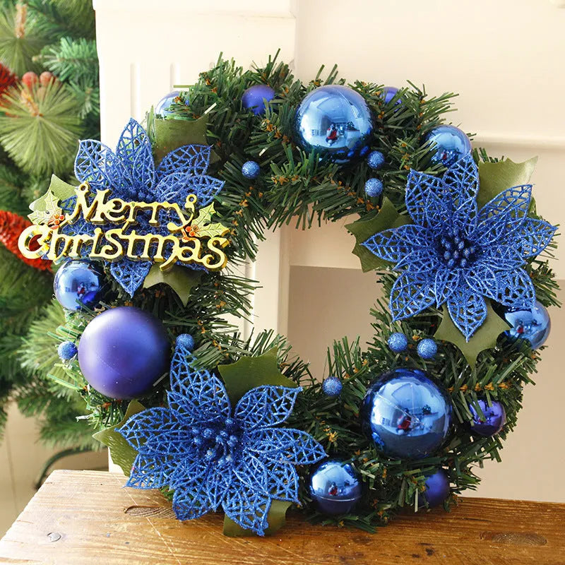 30cm multicolour plastic Christmas wreath hanging on door with blue, gold, pink, purple, red and silver colour options