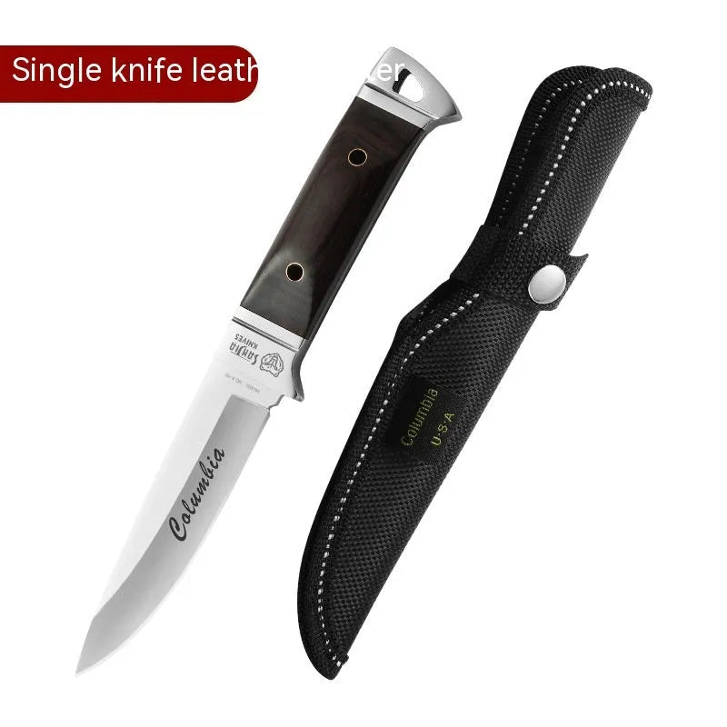 Camping portable fruit knife with leather case and stainless steel blade