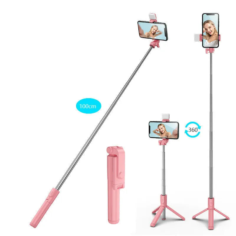 Black aluminium alloy Bluetooth selfie stick with extended tripod legs and phone holder attached.