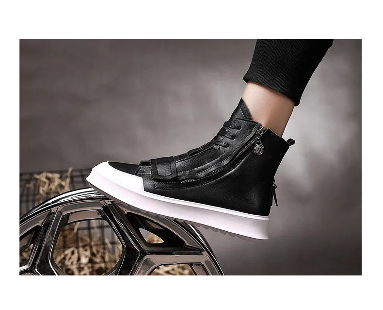 Black and white PU leather men's winter ankle boots with high-top sneakers style