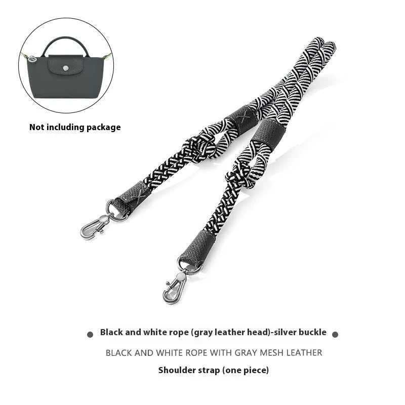 Braided nylon and cowhide leather crossbody shoulder strap with gold alloy buckle on a grey background.