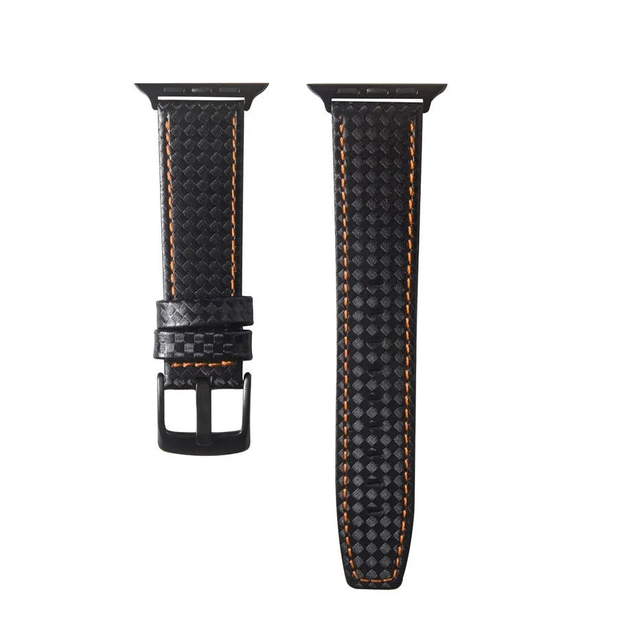 Carbon fibre leather Apple Watch strap showing red, black, orange, and blue line colour options