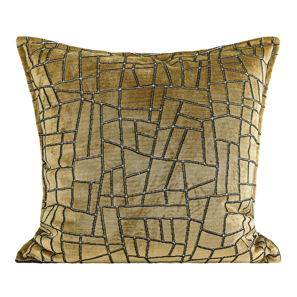 Geometric abstract cushion in Tuhao gold colour with polyester velvet texture, shown in three size options.
