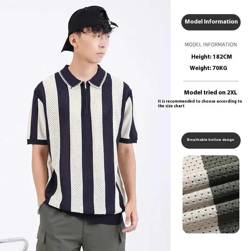Men's short sleeve striped summer sweater in ice silk viscose fabric with zipper decoration