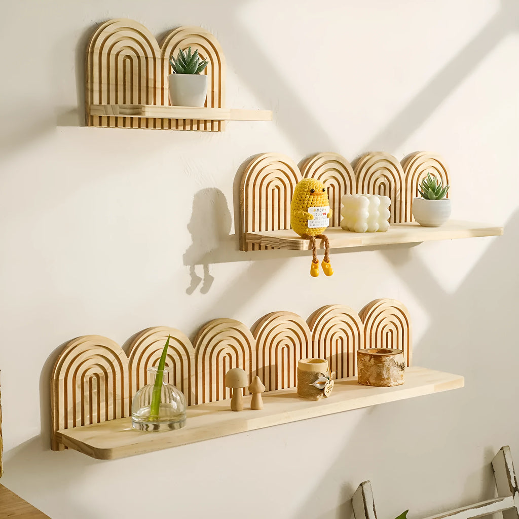Wooden multi-layer wall rack displaying potted plants in home setting