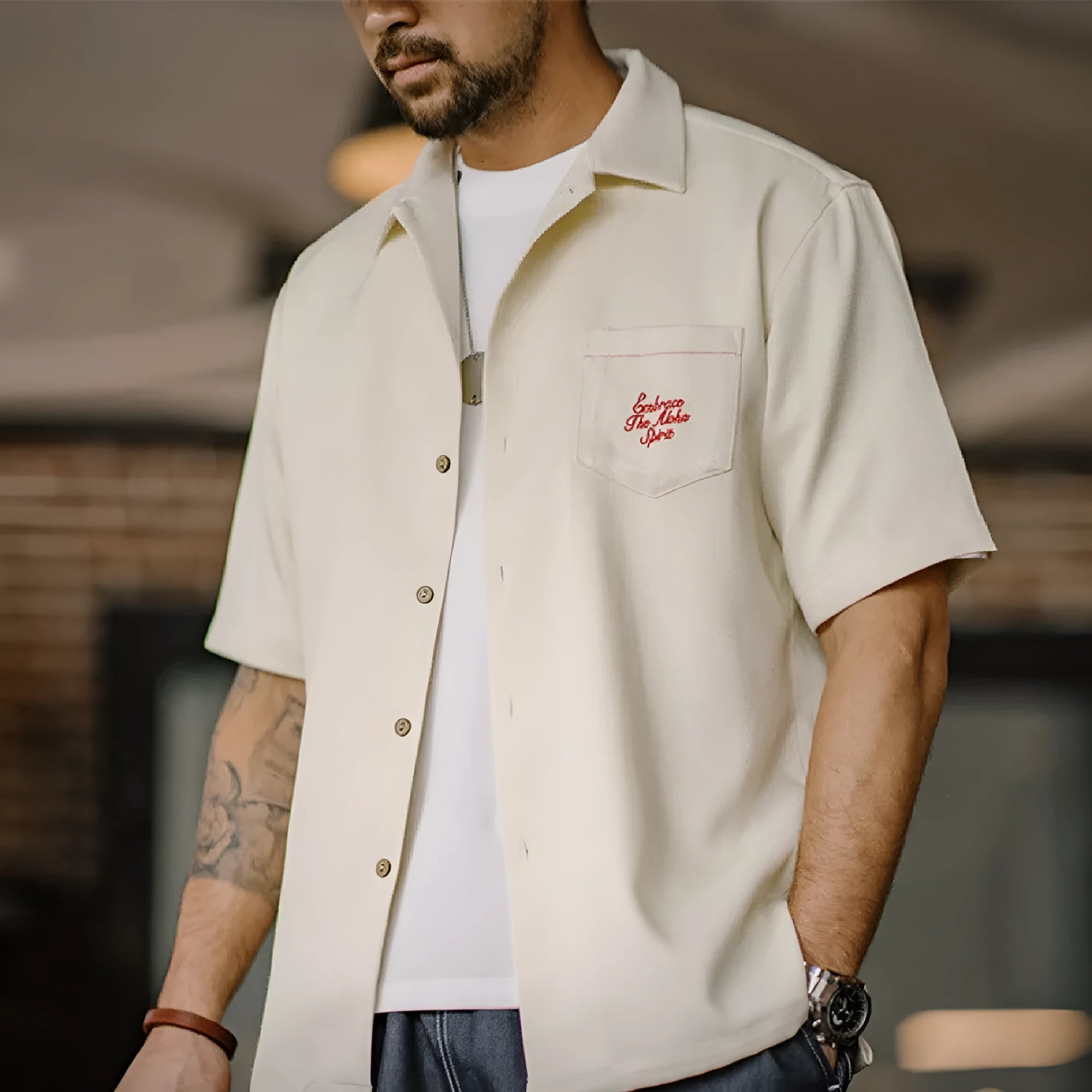 Men's light apricot short sleeve shirt with bamboo pattern and Cuban collar