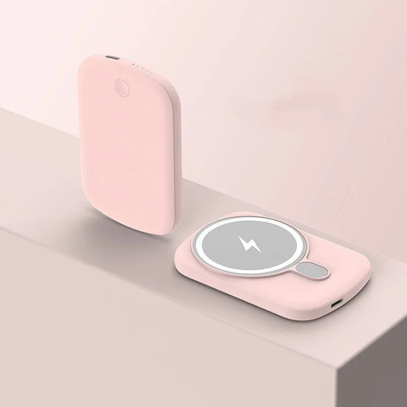 MagSafe magnetic wireless power bank in Barbie Pink colour with plastic casing showing dimensions