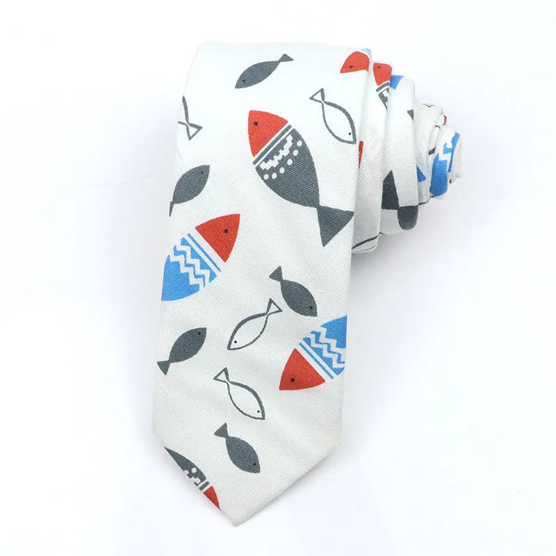 Narrow cotton bow tie with cartoon print pattern in assorted colour codes for men casual wear