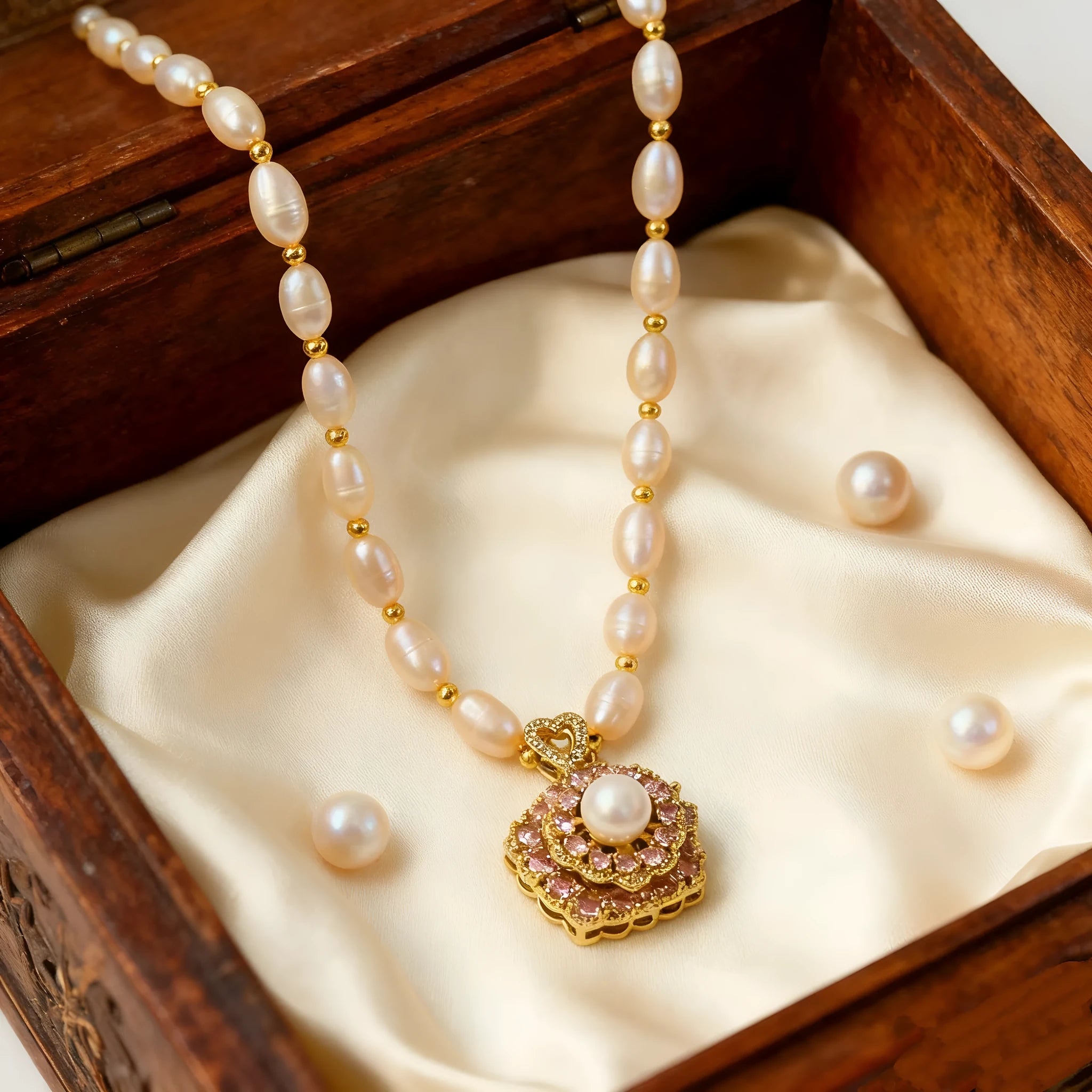 Natural freshwater pearl necklace with pink transfer bead and auspicious patterns, adjustable 51-60cm
