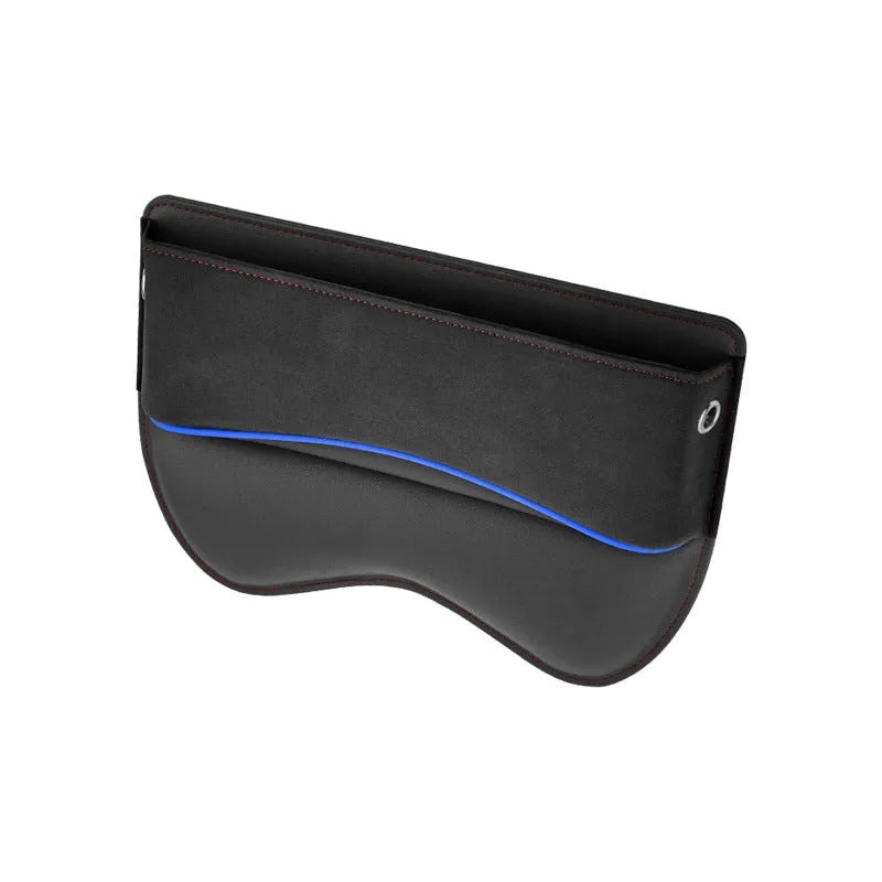 Leather car seat storage organiser box in a choice of five colours, shown on a vehicle seat.