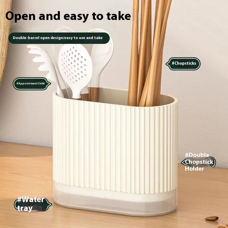 Plastic wall-mounted kitchen chopsticks basket with spoon holder and drain holes in beige colour