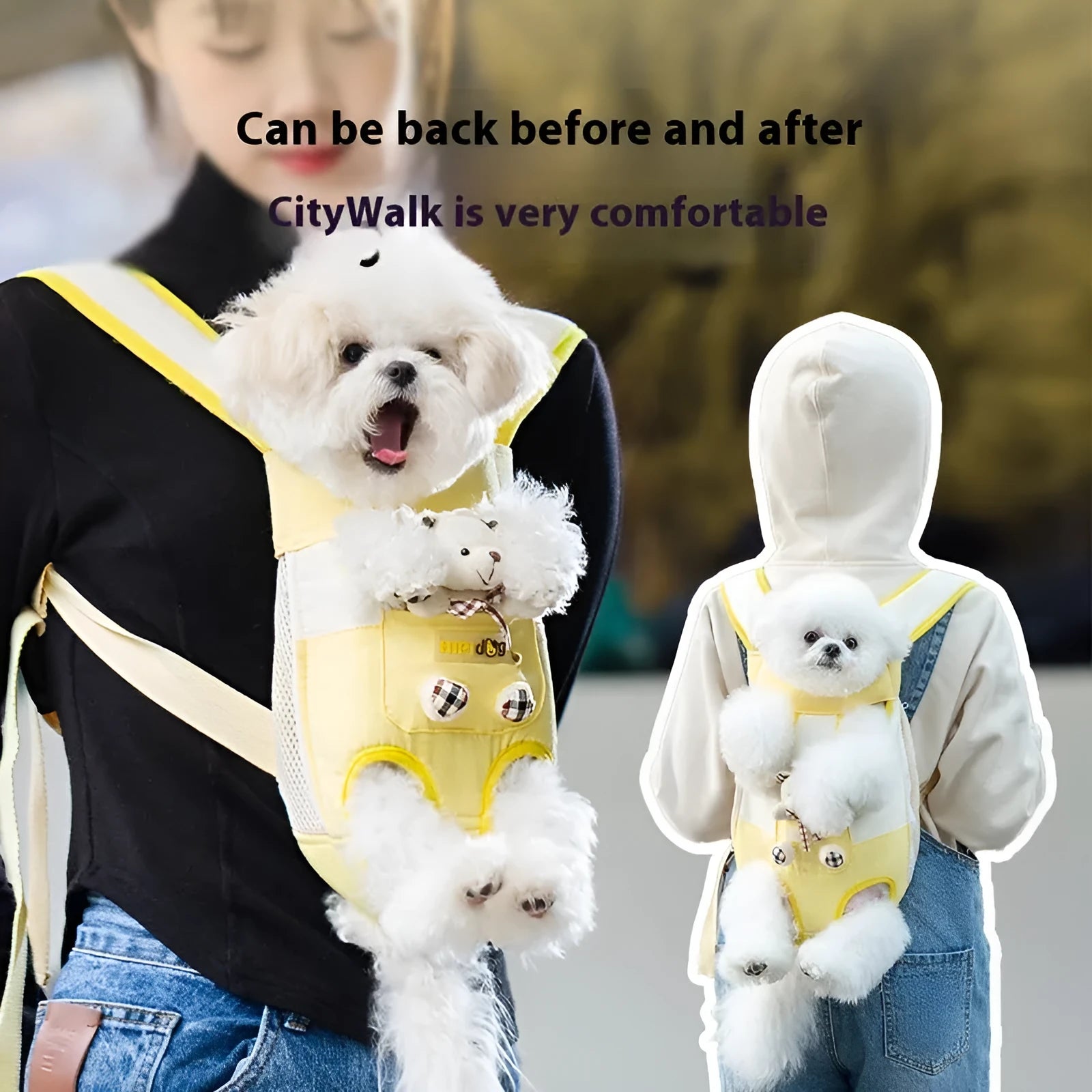 Cartoon cute chest bag pet carrier with animal pattern, soft canvas construction, and colourful stitching details