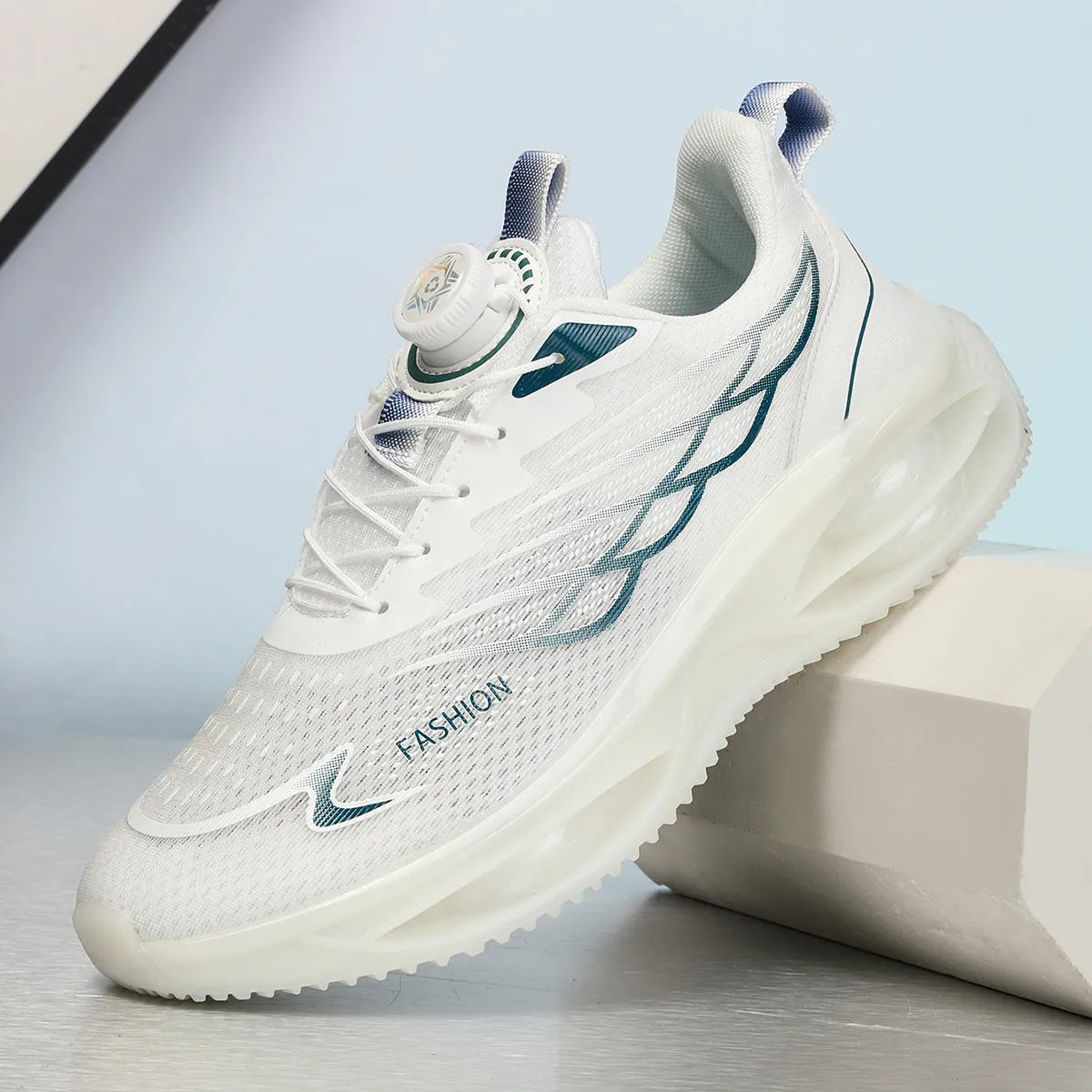 Casual breathable running shoes in sky blue with a PU mesh upper and flat rubber sole.