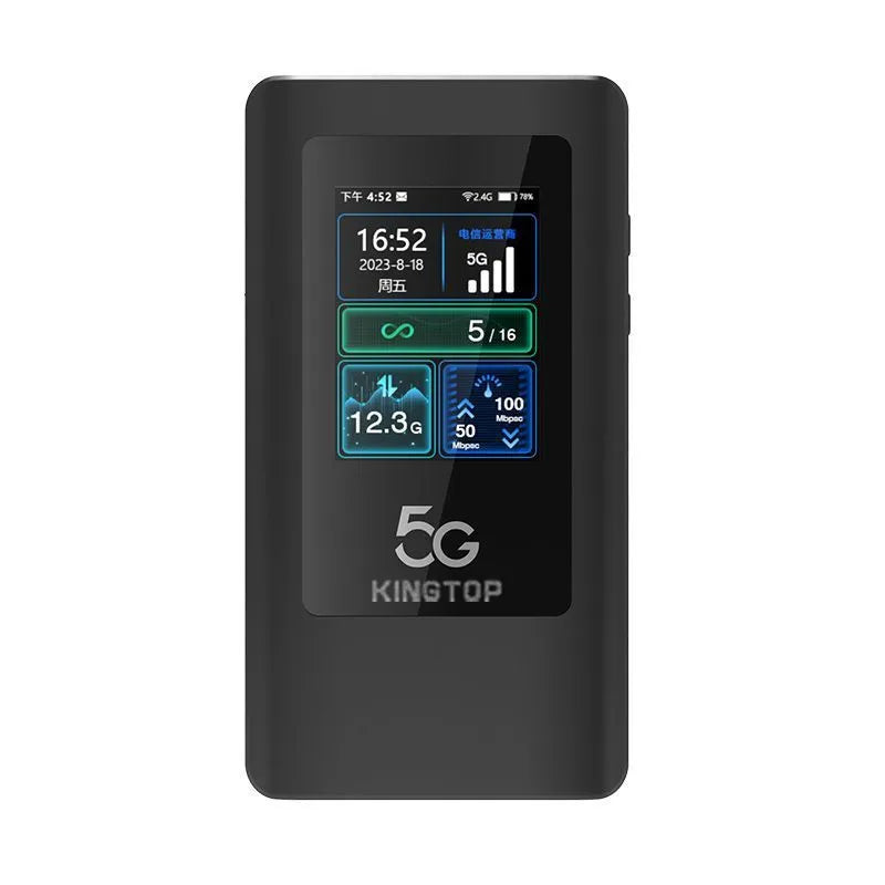 Black portable 5G Wi-Fi router showing LCD display and compact size next to charging cable