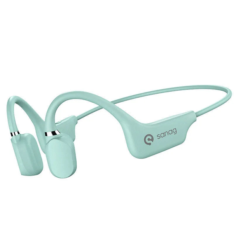Bone conduction Bluetooth sports headset in hanging neck design, shown in multiple colour options.