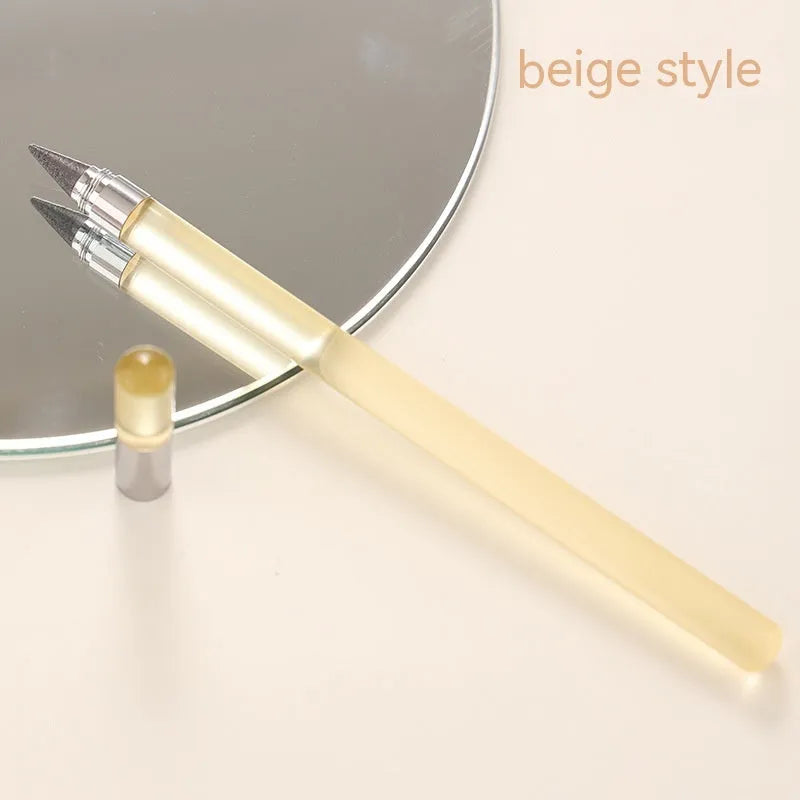 Clear acrylic eternal pencil with alloy pen head showing internal mechanism and colour refill options
