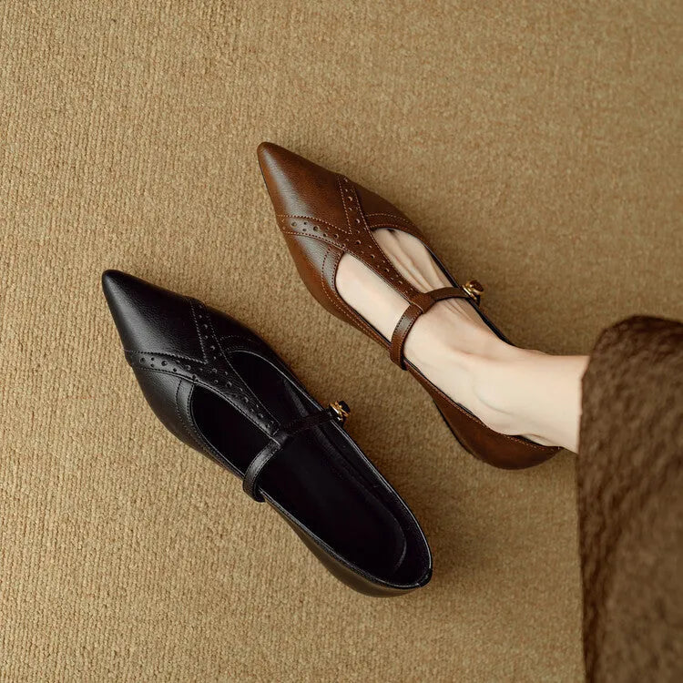 Brown women's pointed flat shoes with low-cut design and 3-5cm mid heel