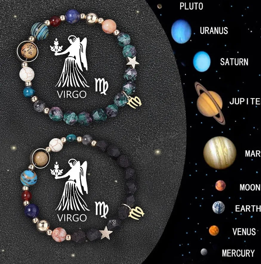 Set of two adjustable natural stone bracelets with zodiac sign charms on beige background