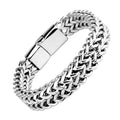 Silver geometric hip hop stainless steel men's bracelet showing 4x8mm and 5x10mm link size options.