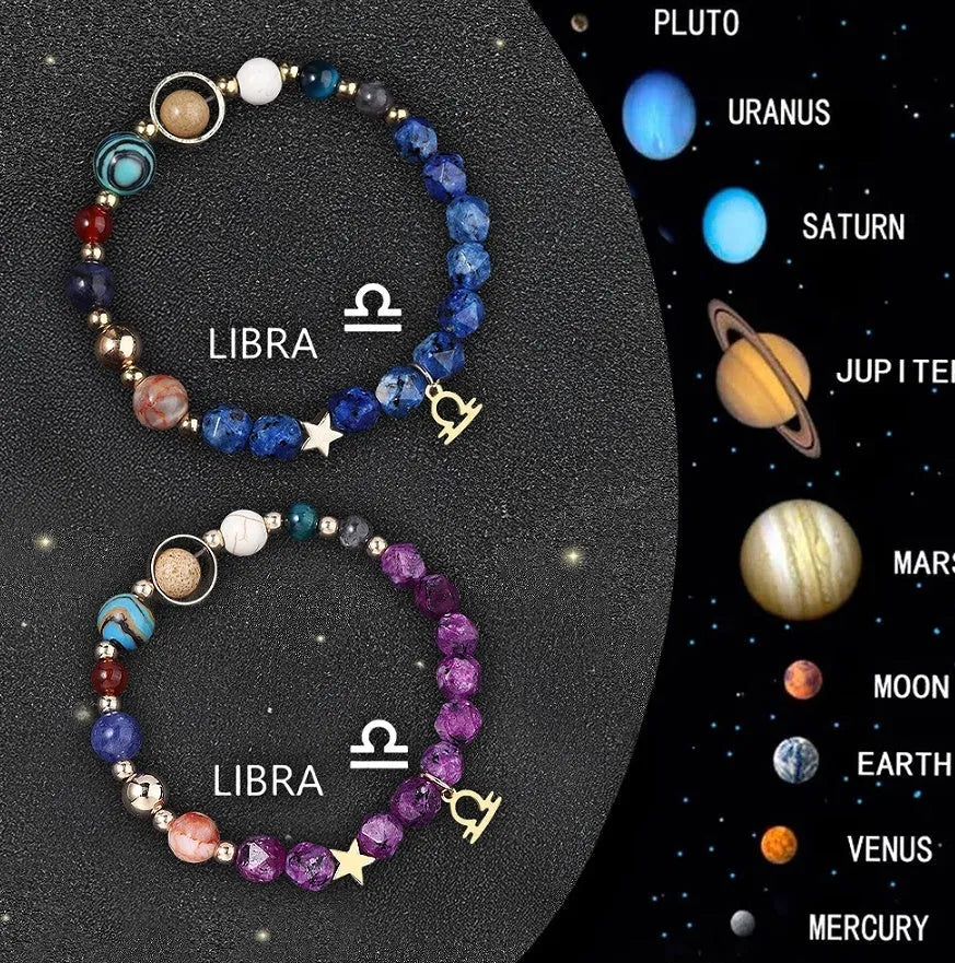 Set of two natural stone beaded bracelets with silver zodiac charms on an adjustable cord.