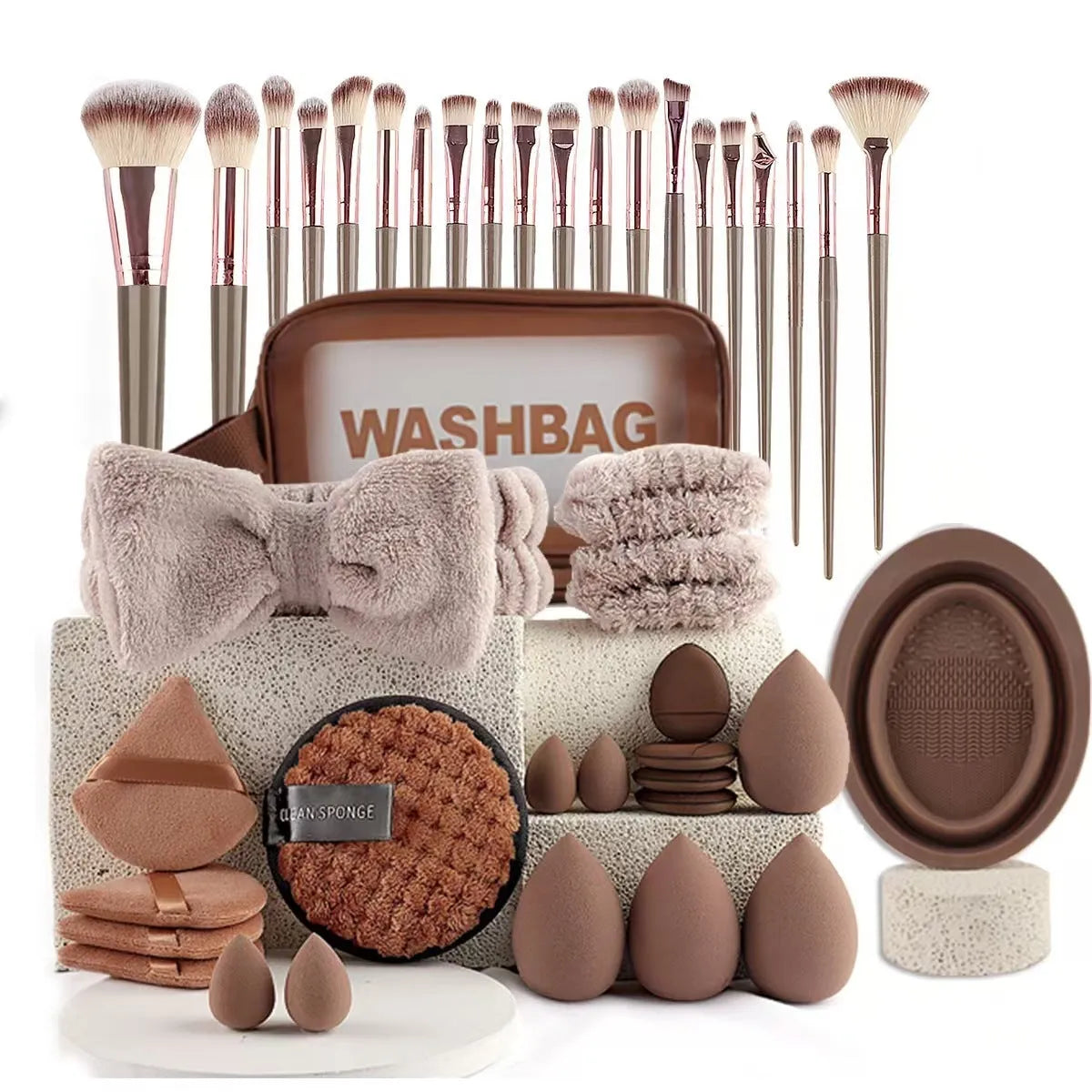 Beauty tools combination suit with hydrophilic non-latex sponge applicators in brown, pink and purple colours