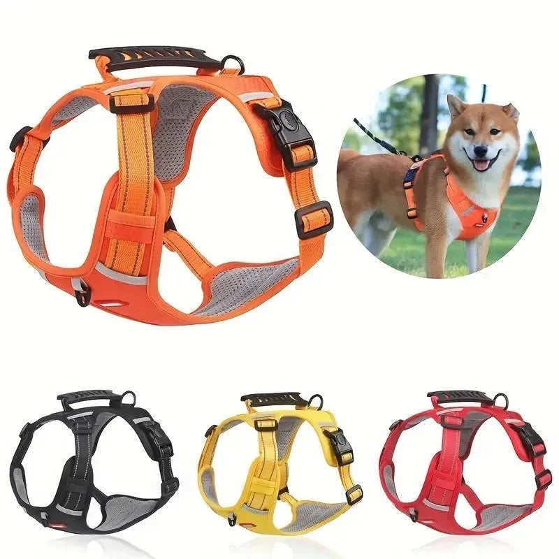 Adjustable polyester dog chest harness and lead in one of six colours: black, yellow, red, orange, pink, or Lake Blue.