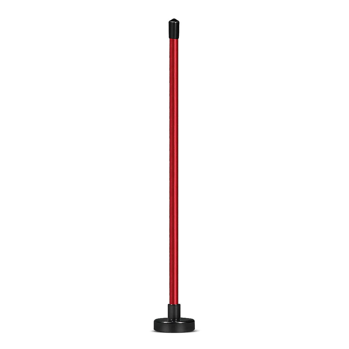 Red and blue aluminium alloy golf swing trainer with magnetic alignment bar.