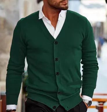 Men's slim fit acrylic cardigan in wine red colour, shown as an autumn sweater coat.
