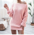 Women's knitted dress with lantern sleeves and off-shoulder neckline in solid colour