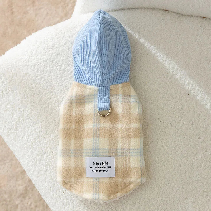 Blue corduroy pet hoodie vest with chessboard grid pattern and hood for a small dog.