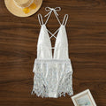 White women's one-piece swimsuit with deep V-neckline and tassels, sleeveless briefs style.