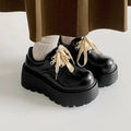 Black women's retro chunky lace-up shoes with round toe and thick 6-8cm heel.