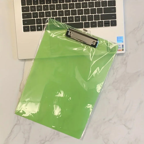 Transparent A4 writing board pad with metal clip holding paper, shown in blue colour variant.