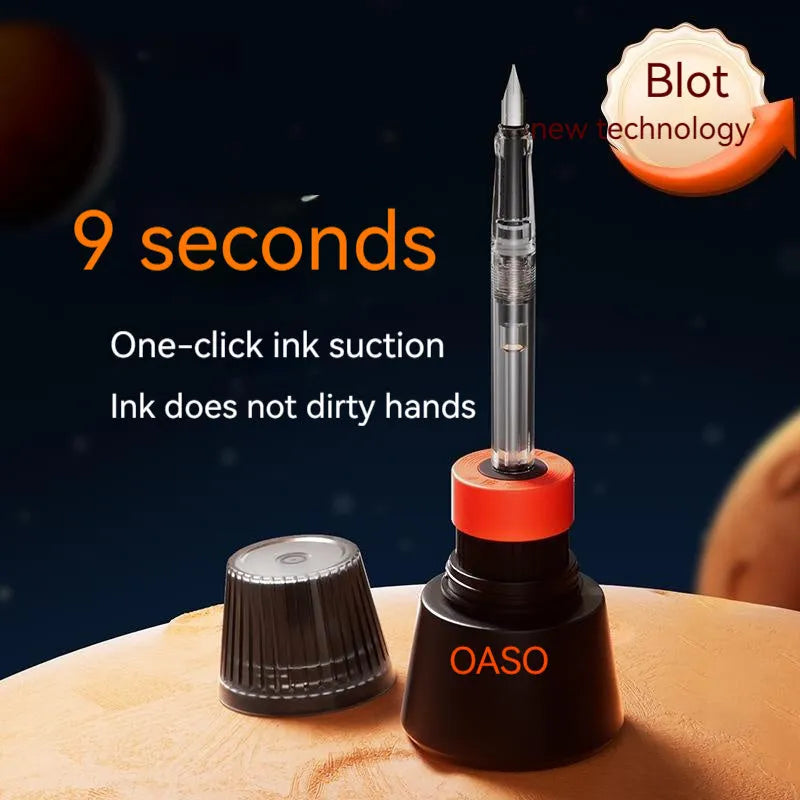 Automatic suction pen set with plastic body, two metal tip options, and a separate 40ml ink feeder tank.