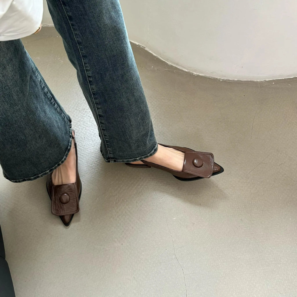 Women's low heel pointed toe sandals with back strap in apricot colour