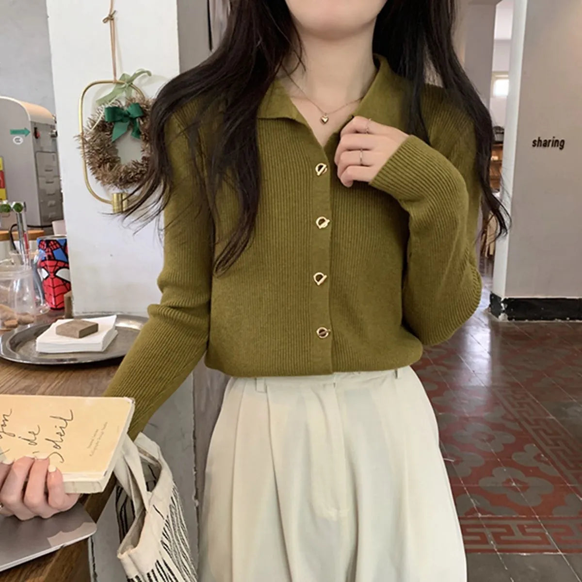 Women's loose fit viscose fibre knitted cardigan in beige colour with long sleeves