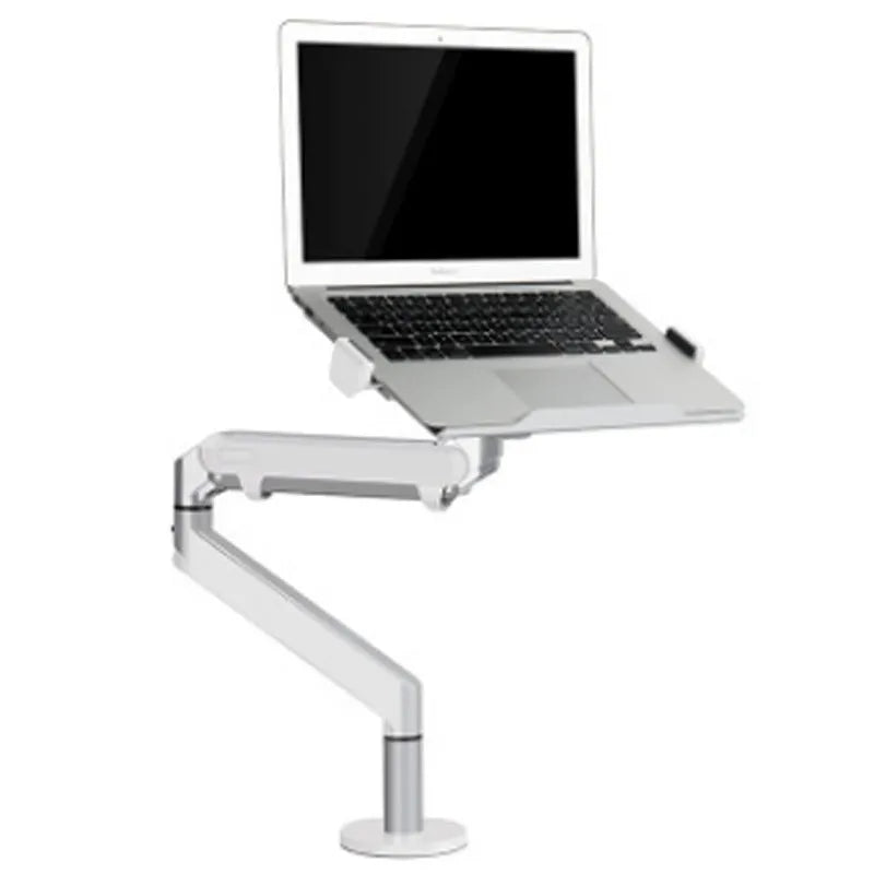 Silver aluminium laptop stand with hover design showing air gap underneath for cooling
