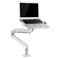 Silver aluminium laptop stand with hover design showing air gap underneath for cooling
