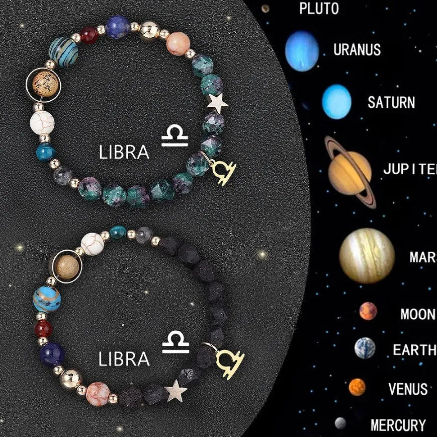 Set of two adjustable natural stone bracelets with zodiac sign charms on beige background