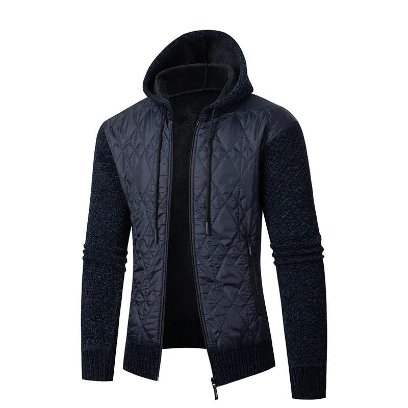 Men's grey hooded corduroy sweater coat with cardigan style and cinched waist