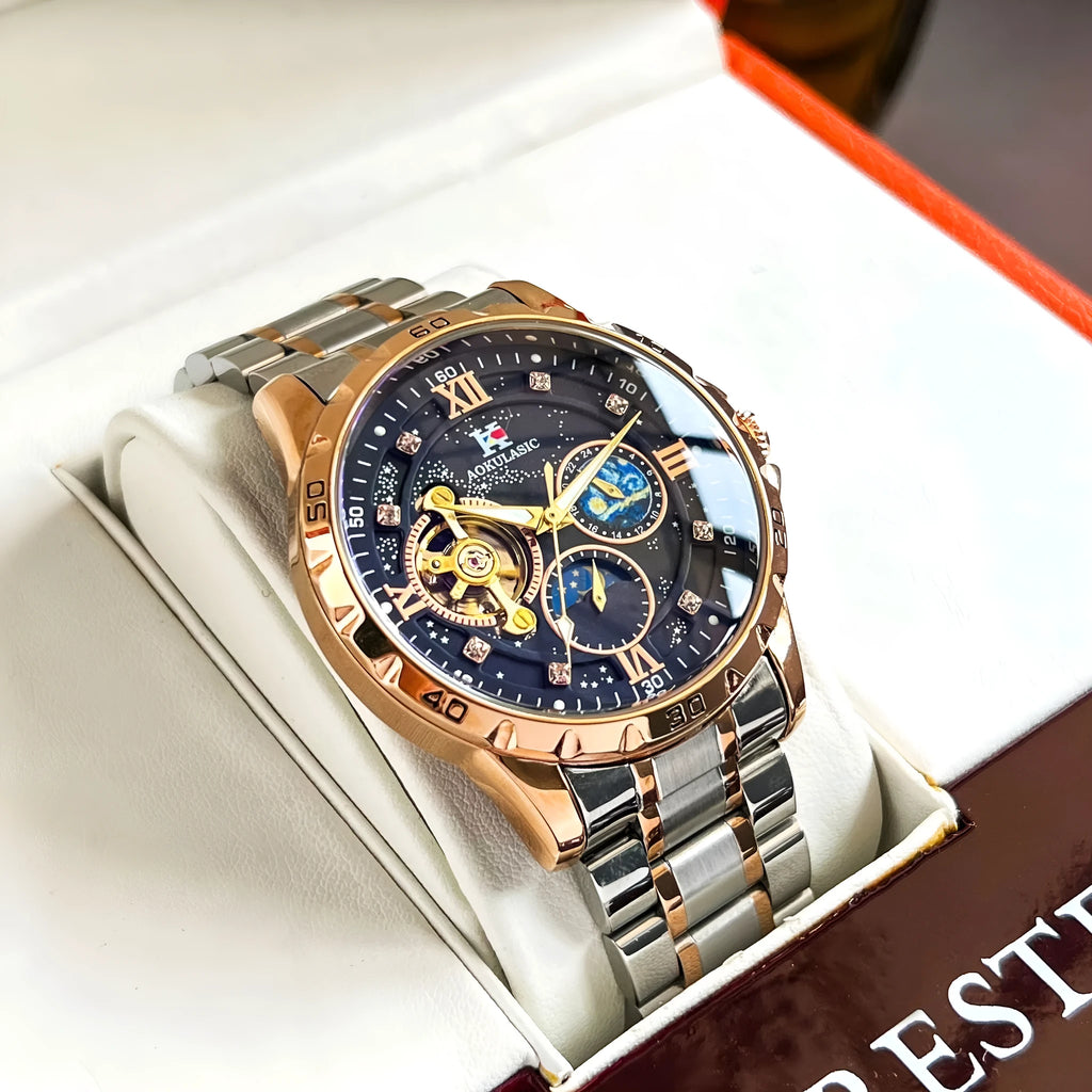 Men's automatic mechanical watch with rose gold case and black dial, 12mm thickness