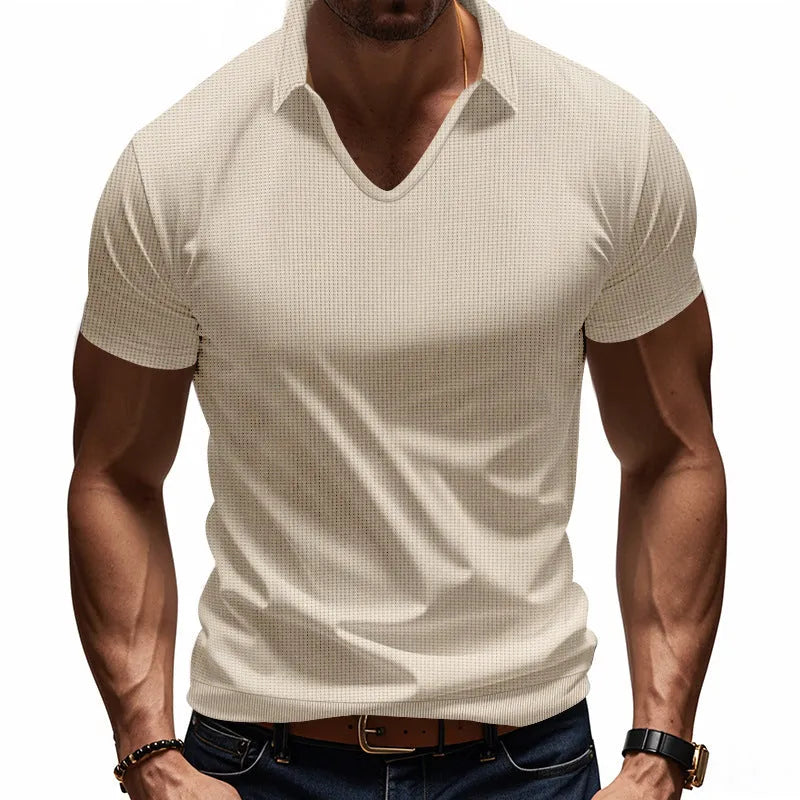 Men's loose fit V-neck short sleeve T-shirt in a light blue cotton blend fabric