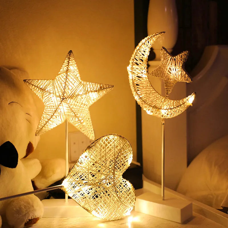 Rattan LED star lamp and heart lamp with copper wire frame for bedroom decoration