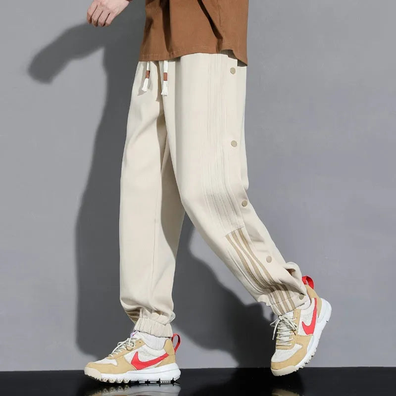 Men's loose ankle-tied autumn sweatpants in cotton blend fabric with high waist design