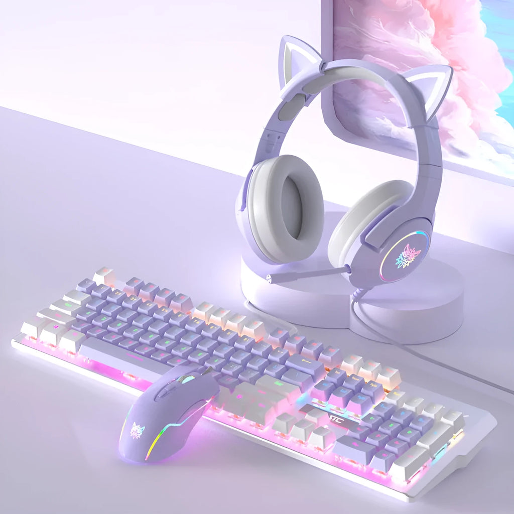 Purple and white mechanical keyboard and mouse set with backlight illumination