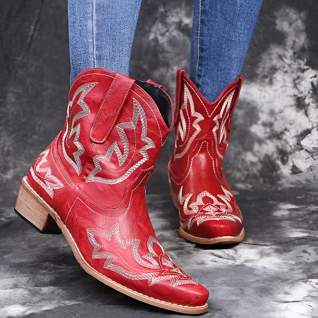 Women's blue embroidered cowboy boots with a wedge heel and pointed toe
